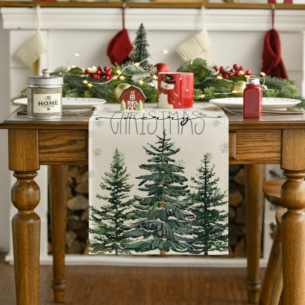 Beige Pine Tree Snowflake Merry Christmas Table Runner Seasonal Winter Xma 13x36